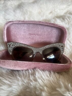 Miu Miu Crystal Embellished Cat Eye Sunglasses - Pink Case
